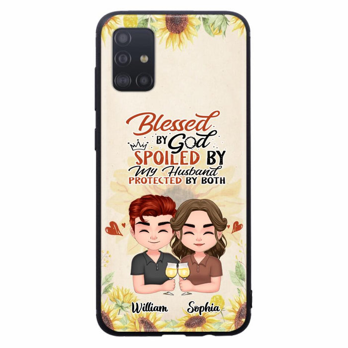 Custom Personalized Chibi Couple Phone Case - Gift Idea For Couple - Blessed By God, Spoiled By My Husband, Protected By Both - Case For iPhone & Samsung