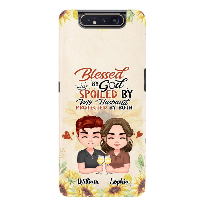 Custom Personalized Chibi Couple Phone Case - Gift Idea For Couple - Blessed By God, Spoiled By My Husband, Protected By Both - Case For iPhone & Samsung