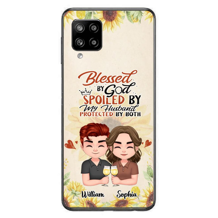 Custom Personalized Chibi Couple Phone Case - Gift Idea For Couple - Blessed By God, Spoiled By My Husband, Protected By Both - Case For iPhone & Samsung