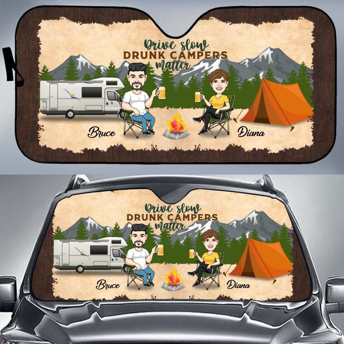 Custom Personalized Camping Couple Windshield Sunshade - Gift Idea For Couple/ Camping Lovers - Drive Slow Drunk Campers Matter