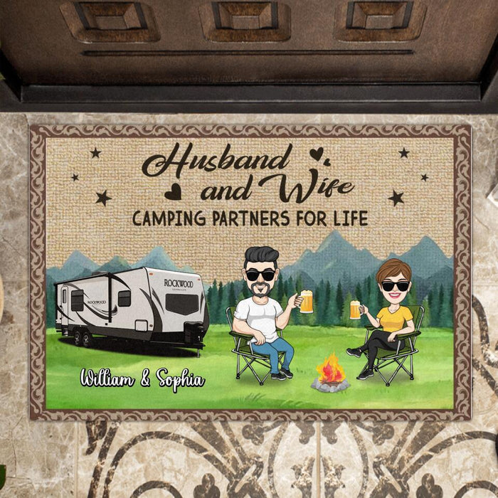 Custom Personalized Camping Couple With Dogs Doormat - Gift Idea For Couple/ Camping/ Dog Lovers - Husband And Wife Camping Partners For Life