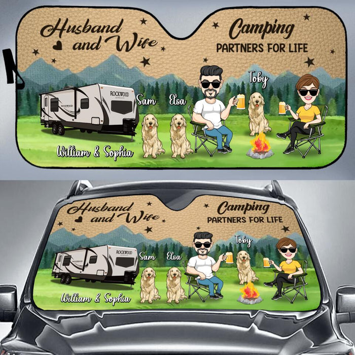 Custom Personalized Camping Couple With Dogs Windshield Sunshade - Gift Idea For Couple/ Camping/ Dog Lovers - Husband And Wife Camping Partners For Life