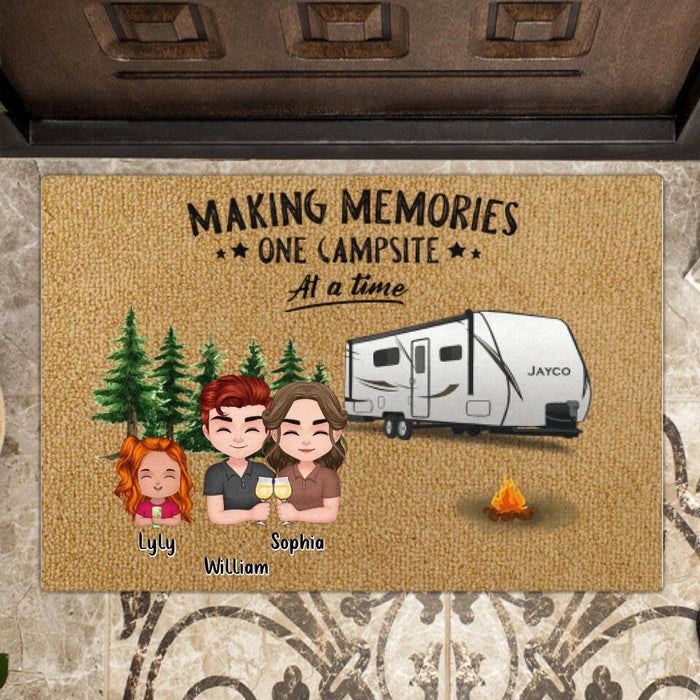 Custom Personalized Chibi Family Camping Doormat - Gift Idea For Family - Parents With Up To 4 Kids And 2 Dogs - Making Memories One Campsite At A Time