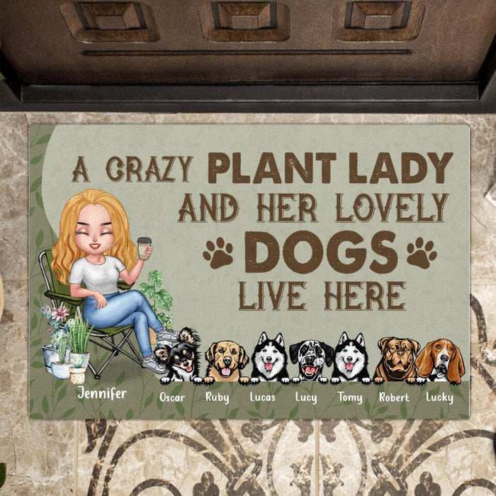 Custom Personalized Garden Doormat - Upto 7 Pets - Funny Gardening Gift For Dog/ Cat Lover - A Crazy Plant Lady And Her Lovely Dogs Live Here