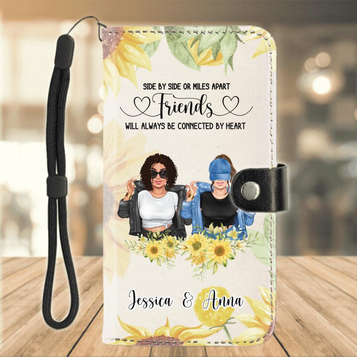 Custom Personalized Friends Flip Leather Purse for Mobile Phone - Upto 4 Girls - Gift Idea For Best Friends - Side By Side Or Miles Apart Friends Will Always Be Connected By Heart