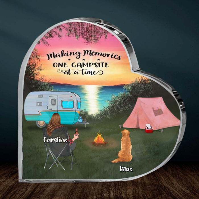 Custom Personalized Camping Crystal Heart - Couple With Upto 2 Kids And 3 Pets - Gift Idea For Camping Lover - Making Memories One Campsite At A Time