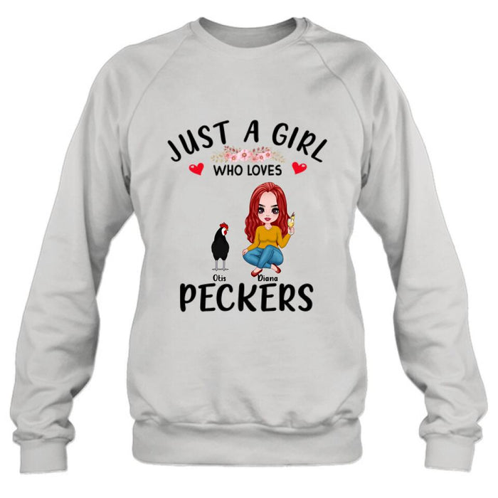 Custom Personalized Chickens T-Shirt - Up to 4 Chickens - Just A Girl Who Loves Peckers