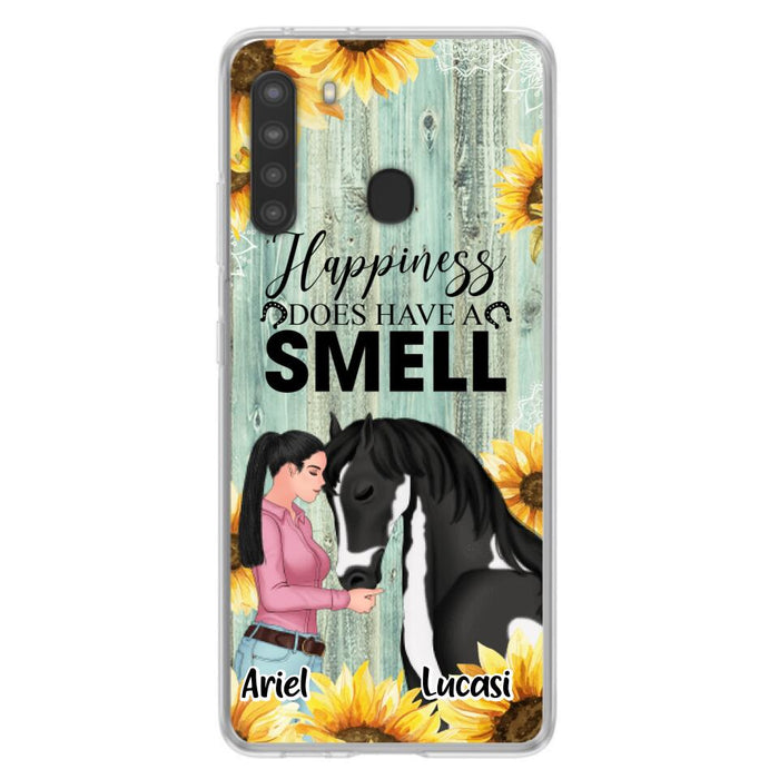 Custom Personalized Horse Girl Phone Case - Up to 3 Horses - Gift Idea for Horse Lover - Happiness Does Have A Smell - Case for iPhone/Samsung