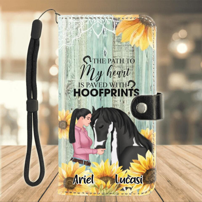 Custom Personalized Horse Girl Flip Leather Purse for Mobile Phone - Up to 3 Horses - Gift Idea for Horse Lover - The Path To My Heart Is Paved With Hoofprints