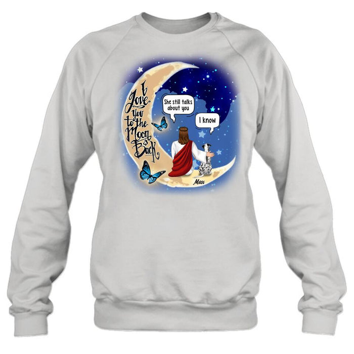 Custom Personalized Memorial God & Dog/Cat Sitting On Moon T-Shirt/ Sweatshirt/ Pullover Hoodie- Upto 5 Pets - Memorial Gift For Dog/ Cat Lover