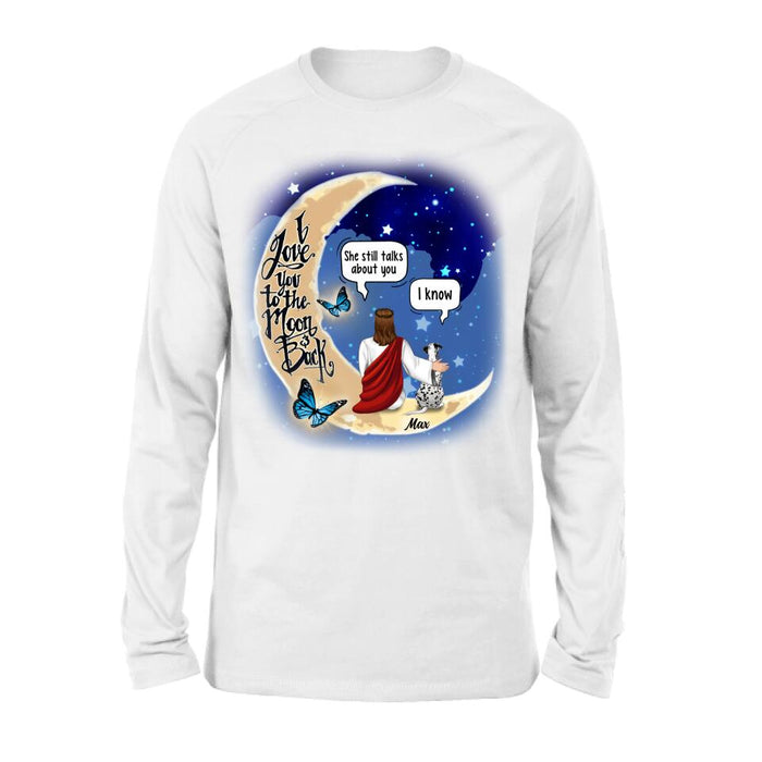 Custom Personalized Memorial God & Dog/Cat Sitting On Moon T-Shirt/ Sweatshirt/ Pullover Hoodie- Upto 5 Pets - Memorial Gift For Dog/ Cat Lover