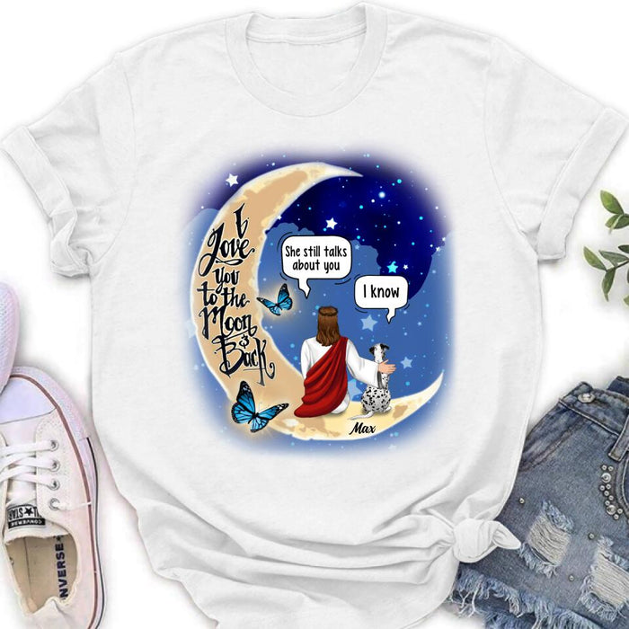 Custom Personalized Memorial God & Dog/Cat Sitting On Moon T-Shirt/ Sweatshirt/ Pullover Hoodie- Upto 5 Pets - Memorial Gift For Dog/ Cat Lover