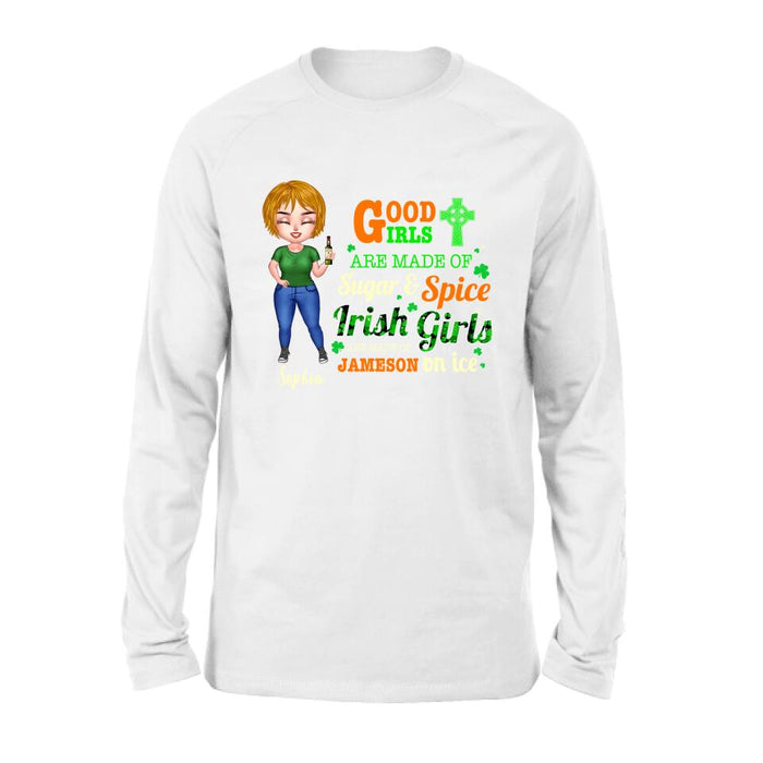 Custom Personalized Irish Girl Chibi Shirt/ Pullover Hoodie/ Sweatshirt/ Long Sleeve - Gift Idea For St Patrick's Day - Irish Girls Are Made Of Jameson On Ice