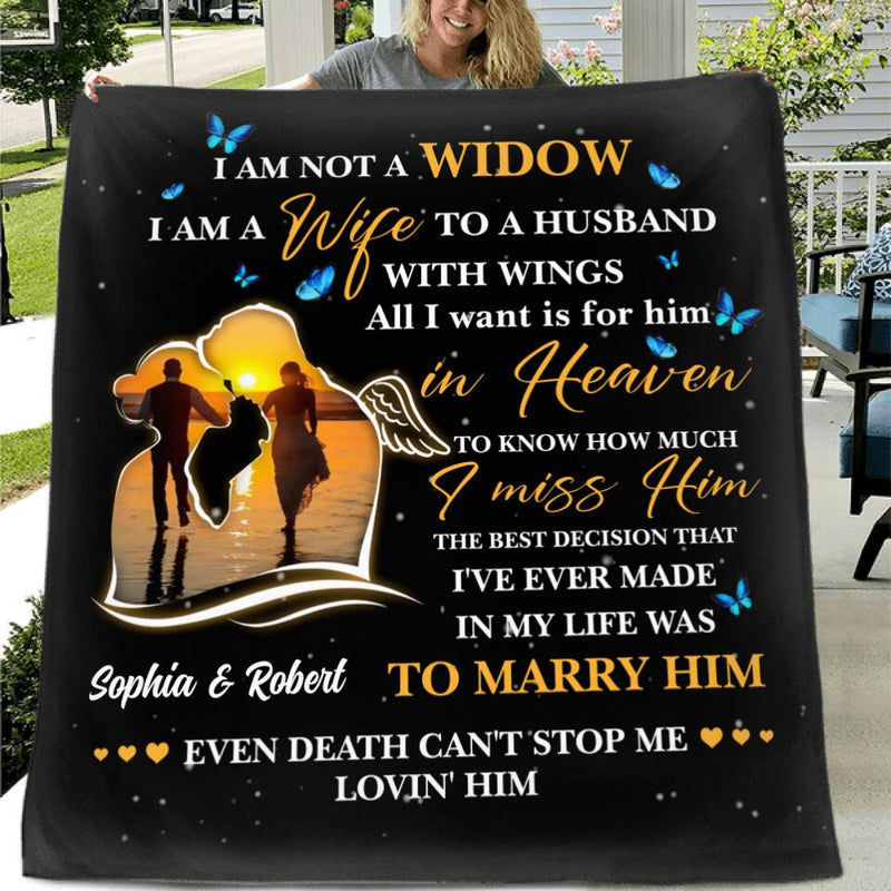 Personalized Couple Quilt/Fleece Throw Blanket/Pillow Cover - Memorial Gift Idea For Couple - I Am A Wife To A Husband With Wings