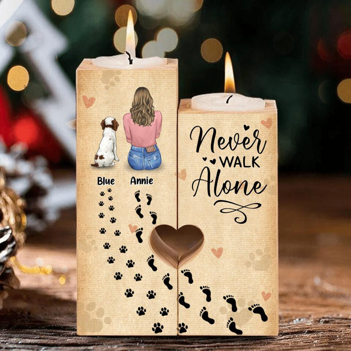 Personalized Dog Mom Heart Candle Holder - Memorial Gift Idea For Dog Lover with up to 3 Dogs - Never Walk Alone