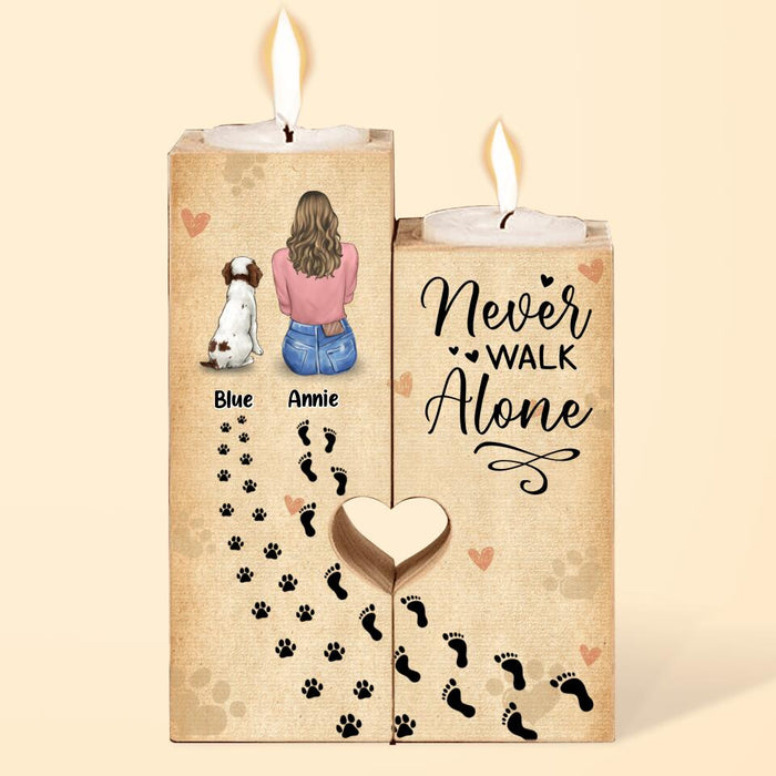 Personalized Dog Mom Heart Candle Holder - Memorial Gift Idea For Dog Lover with up to 3 Dogs - Never Walk Alone