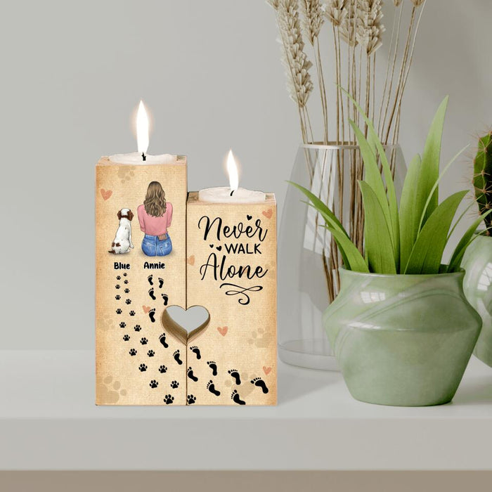 Personalized Dog Mom Heart Candle Holder - Memorial Gift Idea For Dog Lover with up to 3 Dogs - Never Walk Alone