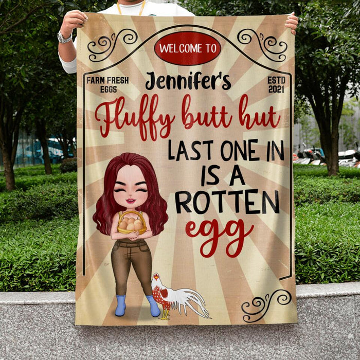 Custom Personalized Chicken Flag - Upto 7 Chickens - Gift Idea For Chicken Lover/Couple - Fluffy Butt Hut Last One In Is A Rotten Egg