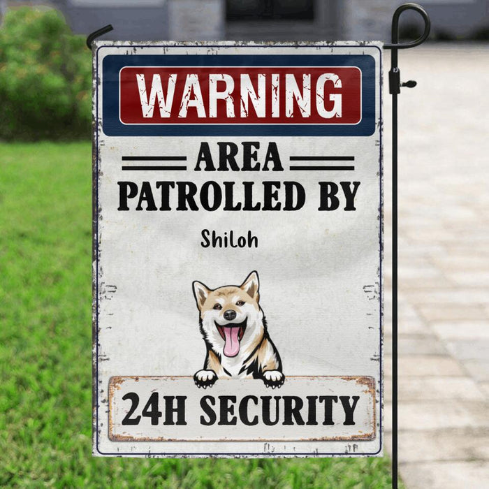 Custom Personalized Warning Dog Flag Sign - Gift Idea For Dog Lovers - Up To 5 Dogs - Warning Area Patrolled By 24h Security