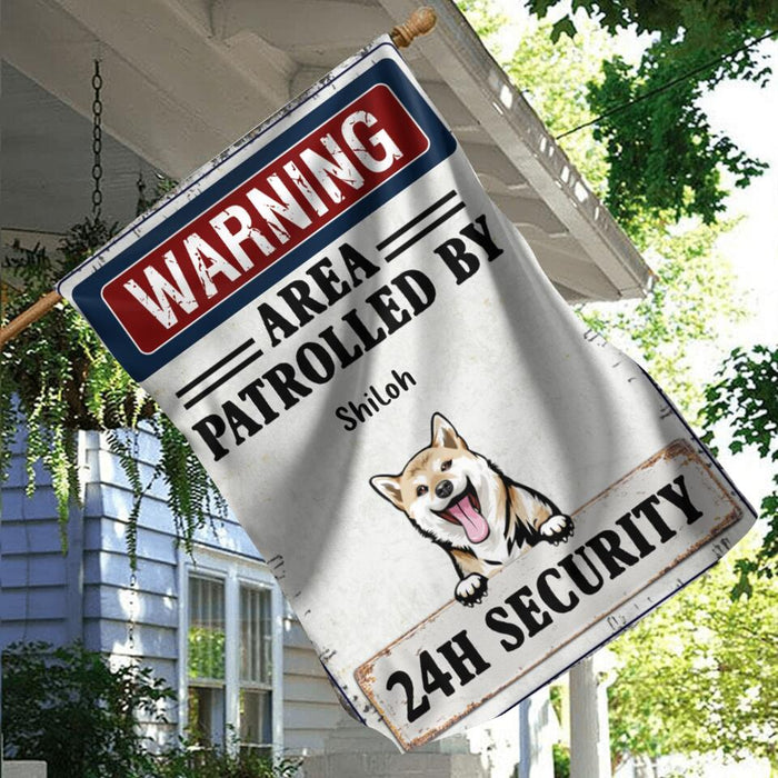 Custom Personalized Warning Dog Flag Sign - Gift Idea For Dog Lovers - Up To 5 Dogs - Warning Area Patrolled By 24h Security