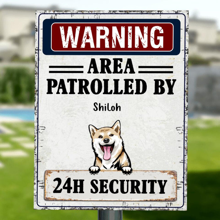 Custom Personalized Warning Dog Vertical Metal Sign - Gift Idea For Dog Lovers - Up To 5 Dogs - Warning Area Patrolled By 24h Security