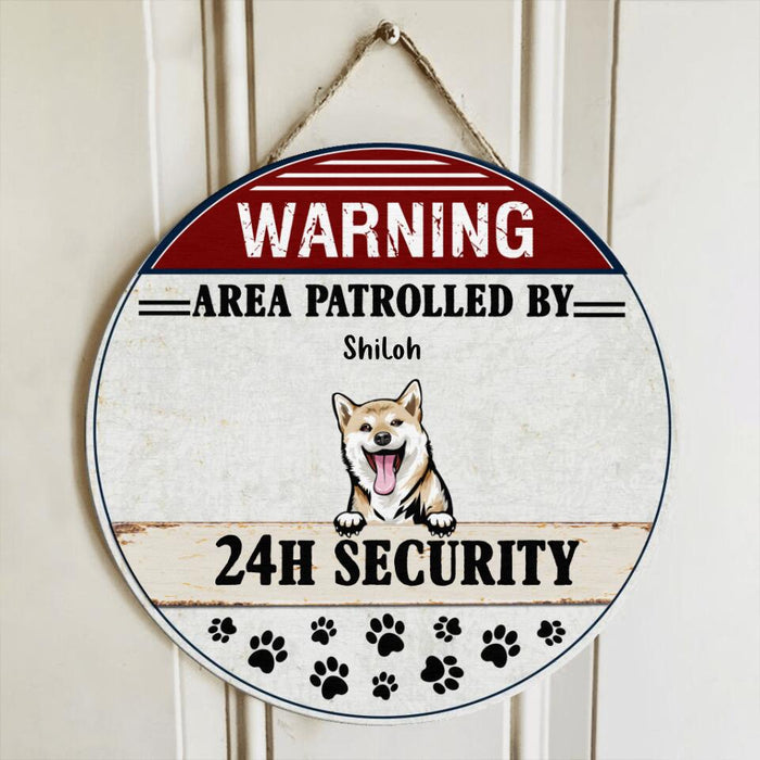 Custom Personalized Warning Dog Circle Wooden Sign - Gift Idea For Dog Lovers - Up To 5 Dogs - Warning Area Patrolled By 24h Security