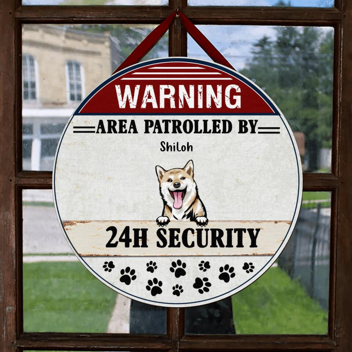 Custom Personalized Warning Dog Circle Wooden Sign - Gift Idea For Dog Lovers - Up To 5 Dogs - Warning Area Patrolled By 24h Security