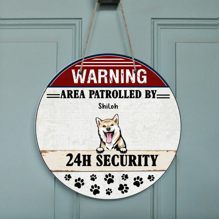 Custom Personalized Warning Dog Circle Wooden Sign - Gift Idea For Dog Lovers - Up To 5 Dogs - Warning Area Patrolled By 24h Security