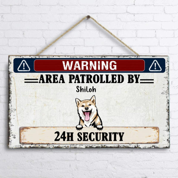 Custom Personalized Warning Dog Rectangle Wooden Sign - Gift Idea For Dog Lovers - Up To 5 Dogs - Warning Area Patrolled By 24h Security