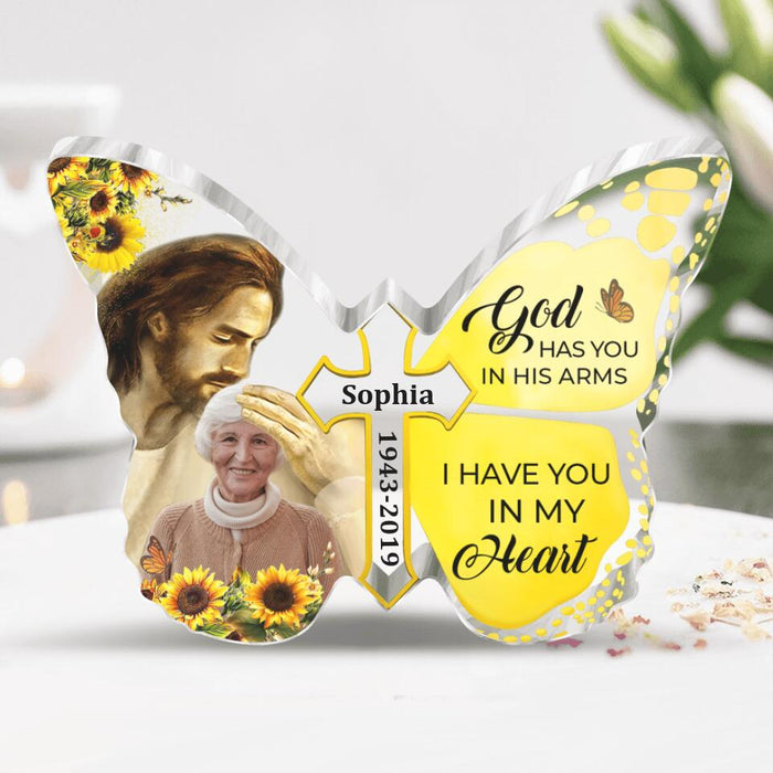 Custom Personalized Memorial Butterfly Acrylic Plaque - Custom Photo Memorial Gift - God has you in his arms I have you in my heart