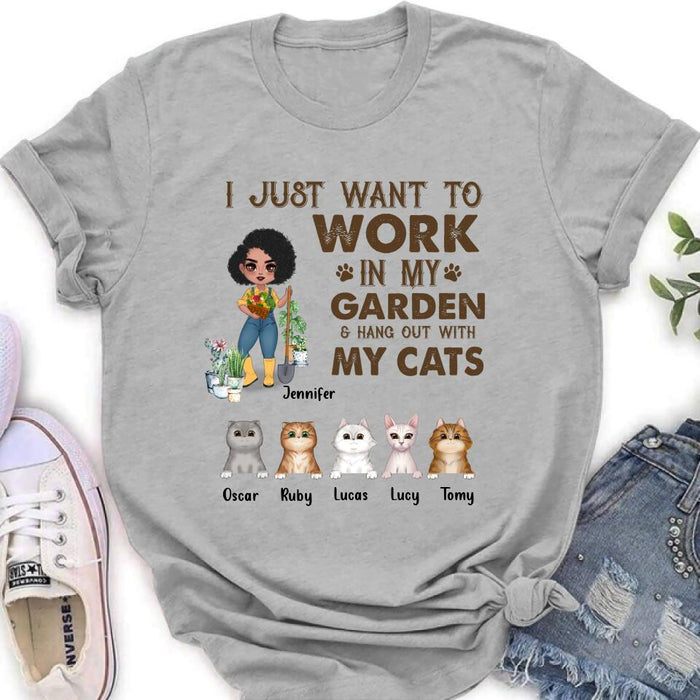 Custom Personalized Pet Garden Shirt/ Hoodie- Upto 5 Pets - Funny Gardening Gift For Dog/ Cat Lover - I Just Want To Work In My Garden & Hang Out With My Cats