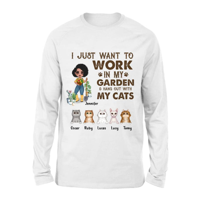 Custom Personalized Pet Garden Shirt/ Hoodie- Upto 5 Pets - Funny Gardening Gift For Dog/ Cat Lover - I Just Want To Work In My Garden & Hang Out With My Cats