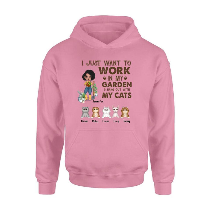 Custom Personalized Pet Garden Shirt/ Hoodie- Upto 5 Pets - Funny Gardening Gift For Dog/ Cat Lover - I Just Want To Work In My Garden & Hang Out With My Cats