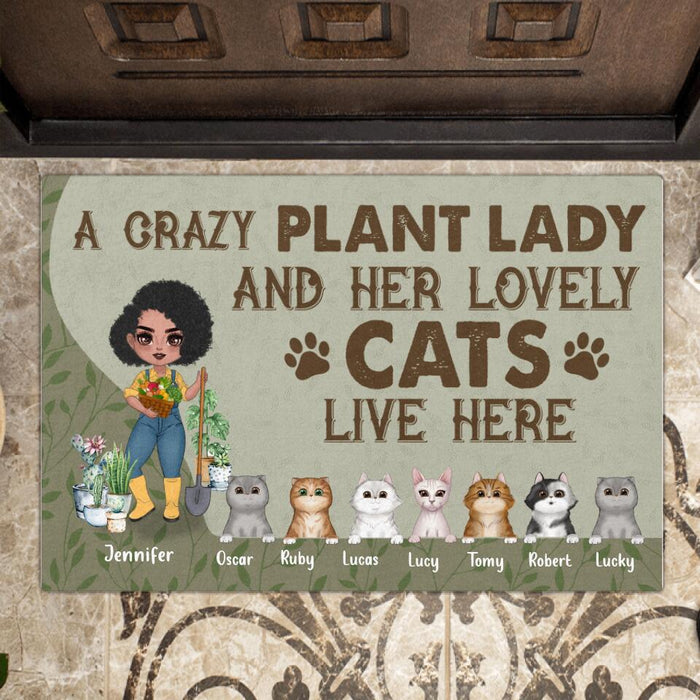 Custom Personalized Pet Garden Doormat - Upto 7 Pets - Funny Gardening Gift For Dog/ Cat Lover - A Crazy Plant Lady And Her Lovely Cats Live Here