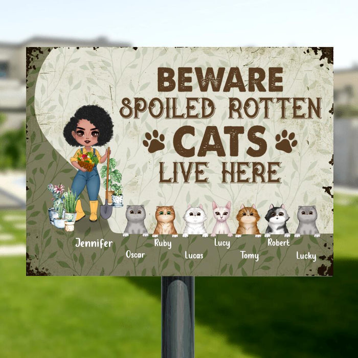 Custom Personalized Pet Garden Metal Sign - Upto 7 Pets - Funny Gardening Gift For Dog/ Cat Lover - Beware Spoiled Rotten Cats Live Here