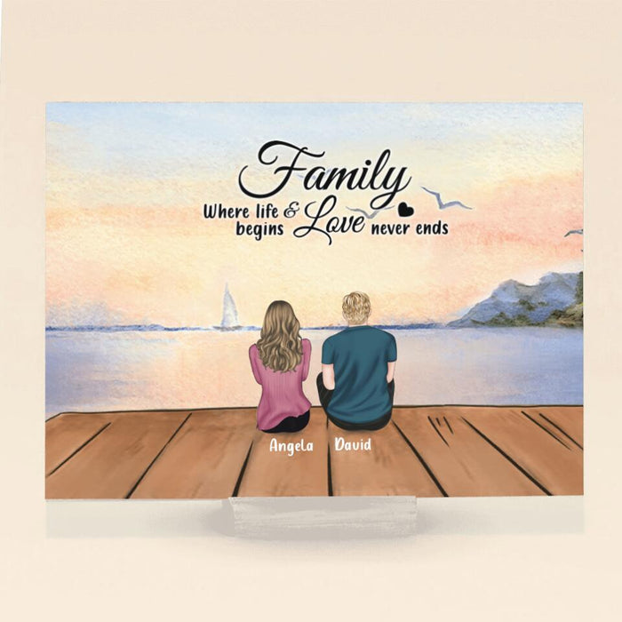 Custom Personalized Family Acrylic Plaque - Couple/ Parents With Upto 2 Kids And 4 Pets - Gift Idea For Family/ Dog/ Cat Lover - Family Where Life Begins And Love Never Ends