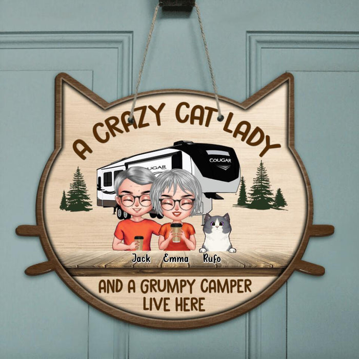 Custom Personalized Cat Lady & Camper Door Sign - Couple With Upto 6 Cats - Best Gift For Cat Lovers/Couple - A Crazy Cat Lady And A Grumpy Camper Live Here