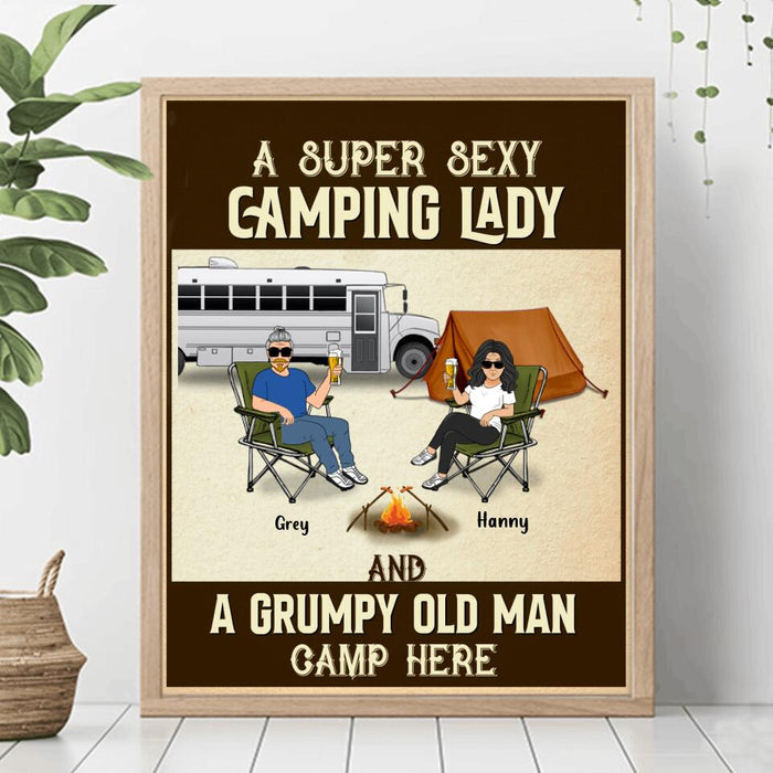 Custom Personalized Couple Camping Poster - Couple With Up to 4 Pets - Gift Idea For Camping/ Dog/ Cat Lover - A Spoiled Camping Lady And Her Grumpy Husband Camp Here