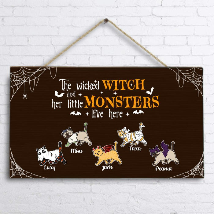 Custom Personalized Halloween Cats Door Sign - Upto 5 Cats - The Wicked Witch And Her Little Monsters Live Here