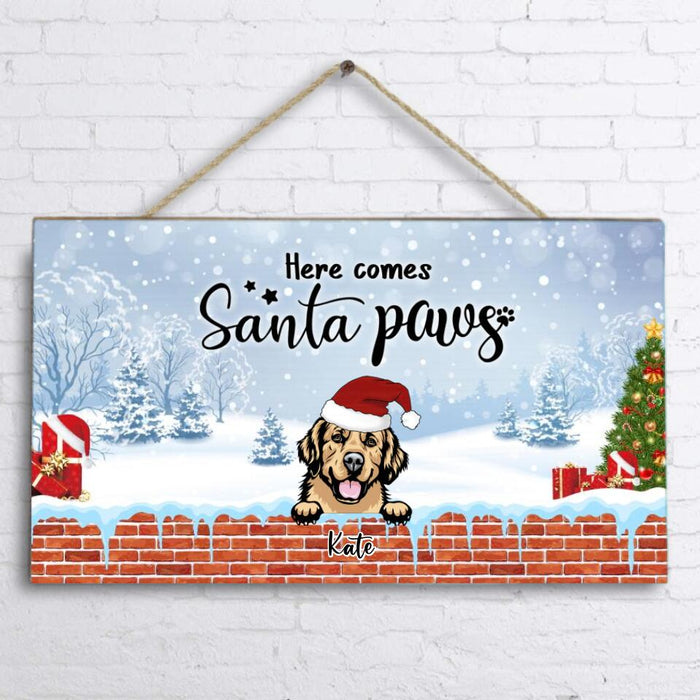 Custom Personalized Dog In Chimney Rectangle Doorsign - Upto 6 Dogs - Christmas Gift For Dog Lover - Here Comes Santa Paws - K6SJV1