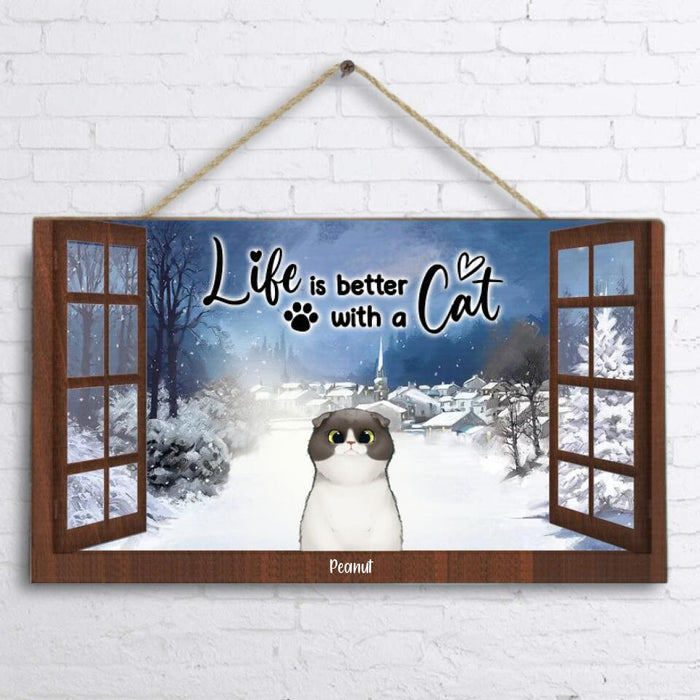 Custom Personalized Cat And Dog Christmas By Window Door Sign - Upto 6 Pets - Best Gift For Cat/ Dog Lover - Life Is Better With Cats