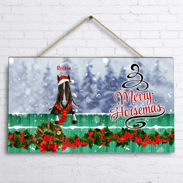 Custom Personalized Christmas Horse Rectangle Door Sign - Gift For Horse Lovers with up to 4 Horses - Joy Love Peace Believe Christmas