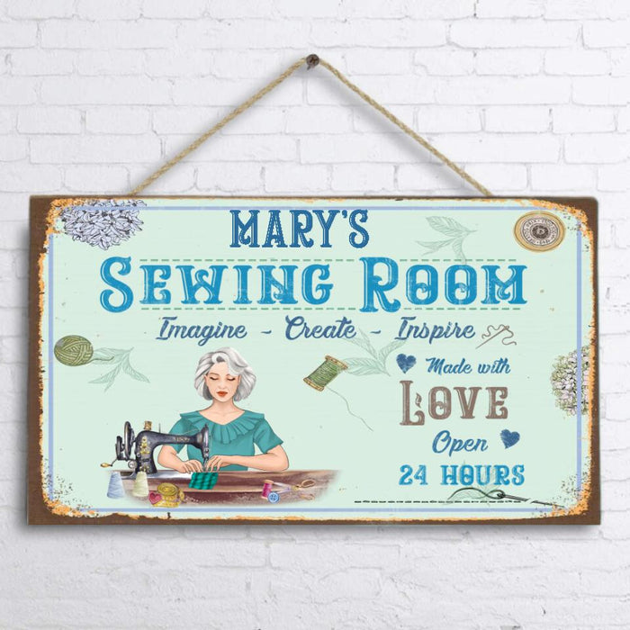 Custom Personalized Sewing Door Sign - Gift For Sewing Lovers/Mother's Day - Sewing Room Imagine, Create, Inspire Made With Love Open 24 Hours