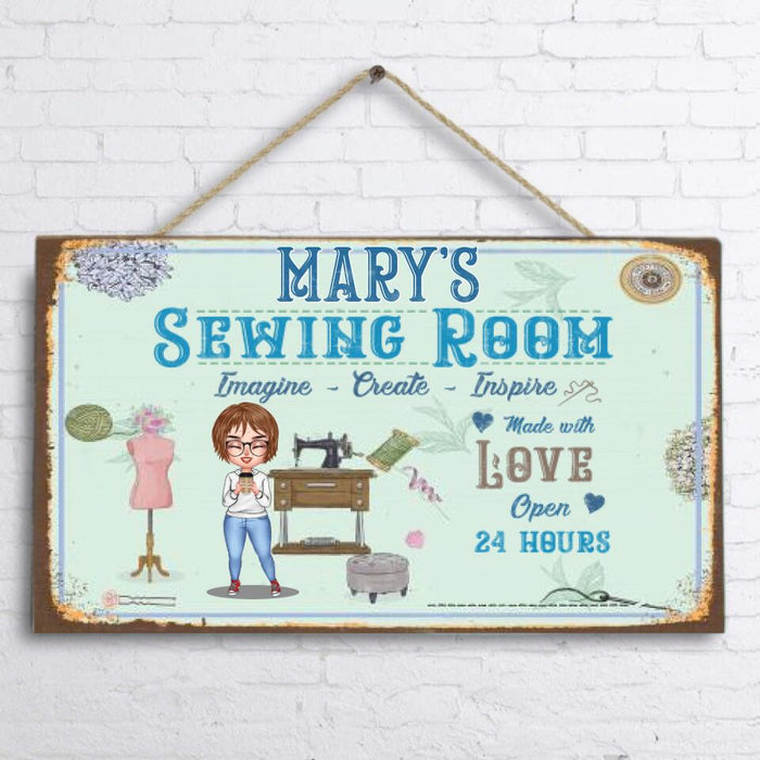 Custom Personalized Sewing Chibi Girl Door Sign - Gift For Sewing Lovers/Mother's Day - Sewing Room Imagine, Create, Inspire Made With Love Open 24 Hours