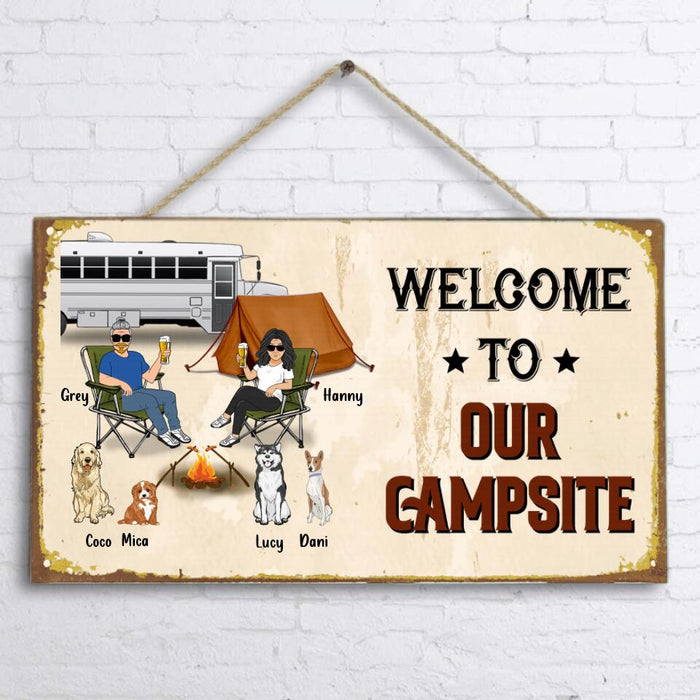 Custom Personalized Couple Camping Door Sign - Couple With Up to 4 Pets - Gift Idea For Camping/ Dog/ Cat Lover - Welcome To Our Campsite