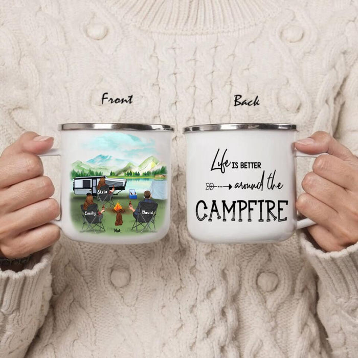Custom Personalized Camping Enamel Mug/ Coffee Mug - 3 Aults With Pet - Best Gift For Camping Lover - Life Is Better Around The Camfire