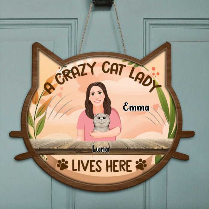 Custom Personalized A Crazy Cat Lady Door Sign - Upto 6 Cats - Gift Idea For Cat Lover - A Crazy Cat Lady And A Grumpy Old Man Live Here