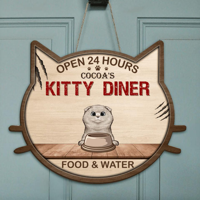 Custom Personalized Kitty Diner Door Sign - Upto 5 Cats - Gift Idea For Cat Lover - Open 24 Hours Kitty Diner Food & Water