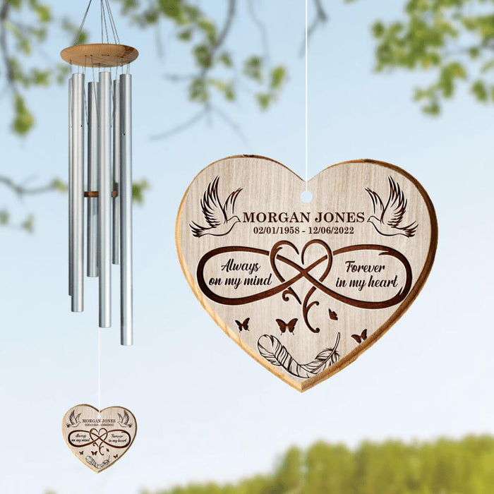 Custom Personalized Memorial Heart Wind Chime - Gift Idea For Loss of Dad/ Mom - Always On My Mind Forever In My Heart