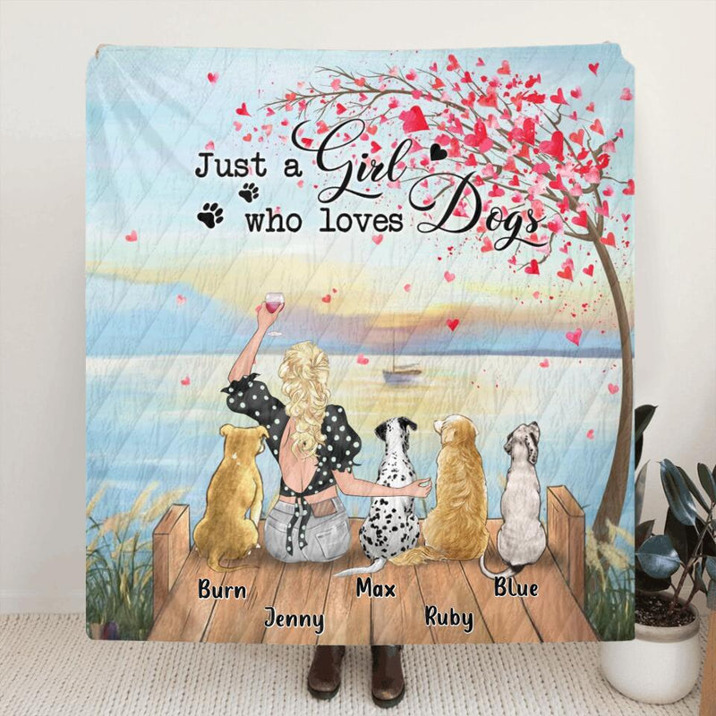 Personalized Dog Mom Fleece Throw Blanket/Quilt - Gift Idea For Dog Owner with up to 4 Dogs - Just A Girl Who Loves Dogs
